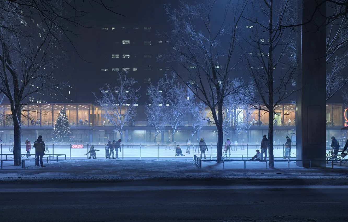 Photo wallpaper winter, road, snow, night, city, the city, lights, lights