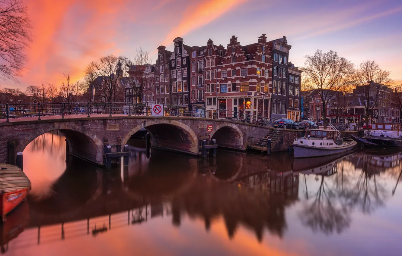 Photo wallpaper bridge, river, home, Amsterdam, Netherlands