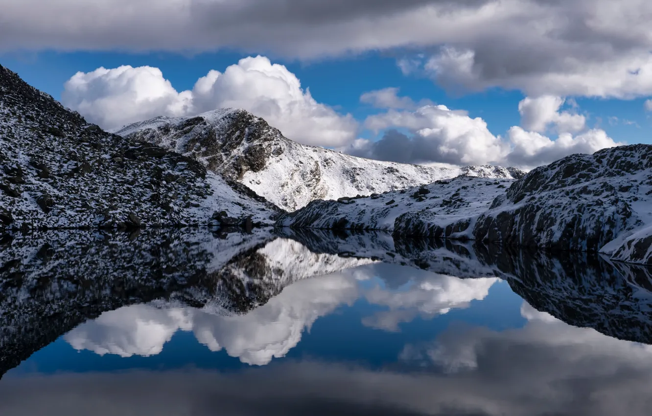 Photo wallpaper Andorra, andorra, beauty, the reflection in the water, snow, clouds, snow, nature