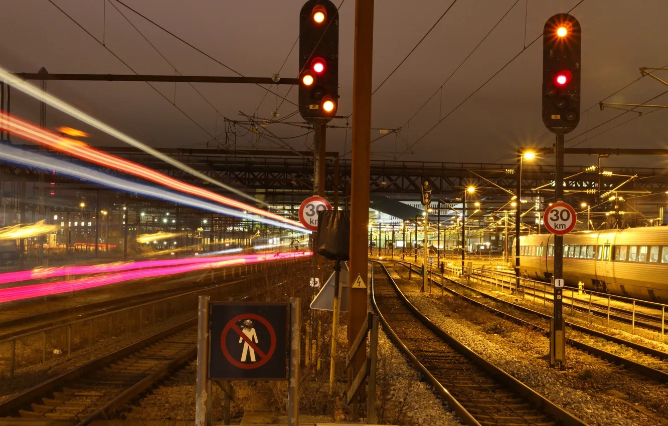 Photo wallpaper night, sign, lamp, train, Denmark, lamp, power lines, Copenhagen