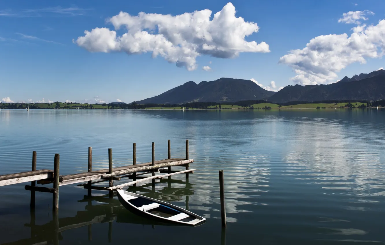 Photo wallpaper clouds, mountains, lake, boat