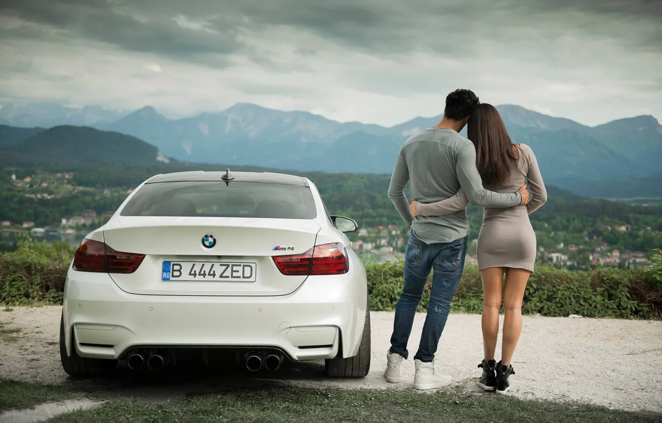 Photo wallpaper white, girl, love, landscape, mountains, view, BMW, pair