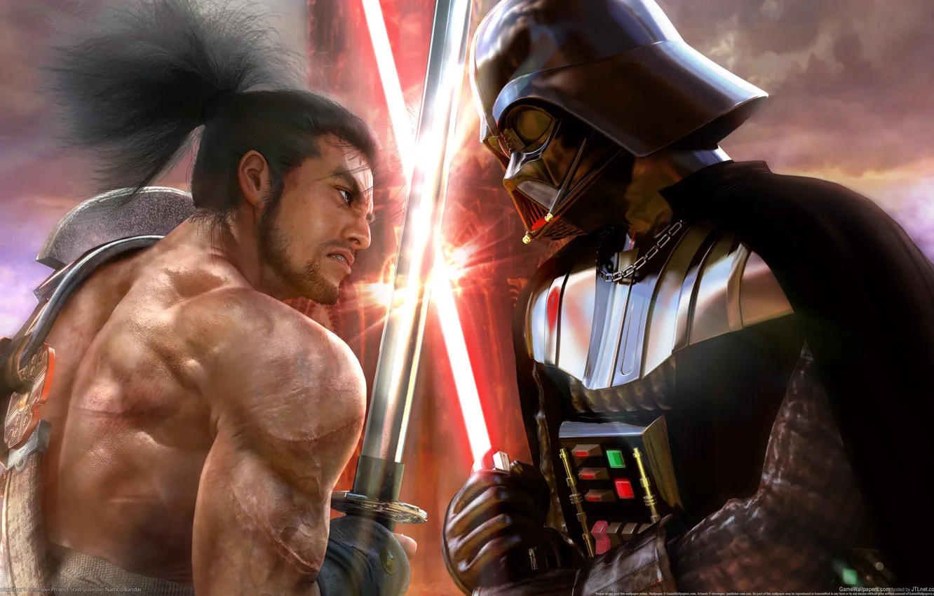 Photo wallpaper sword, katana, star wars, battle, Soul Calibur 4, swords, Darth Vader vs samurai