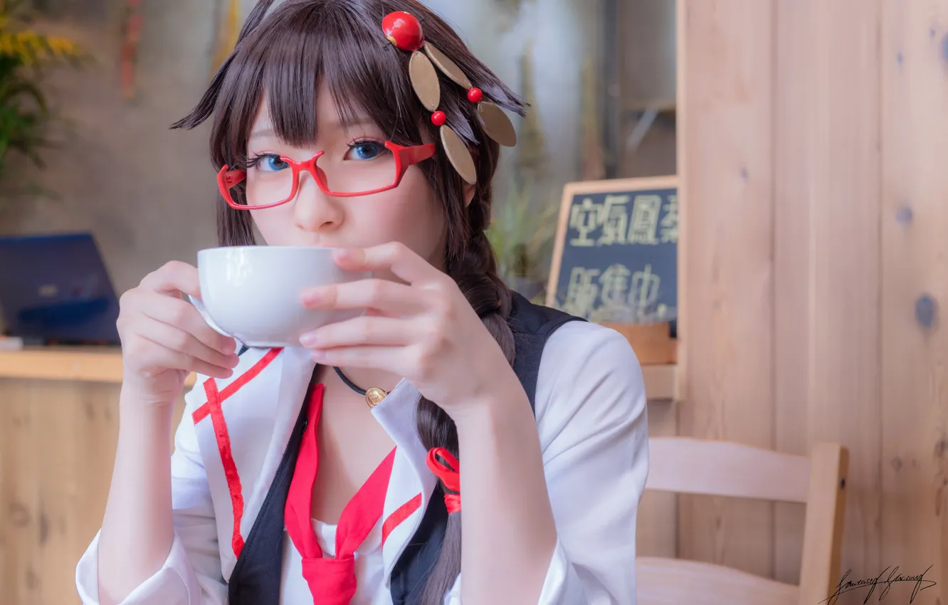 Photo wallpaper girl, face, style, glasses, Cup