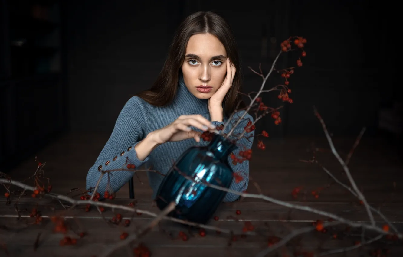 Photo wallpaper look, girl, branches, face, pose, berries, the dark background, table