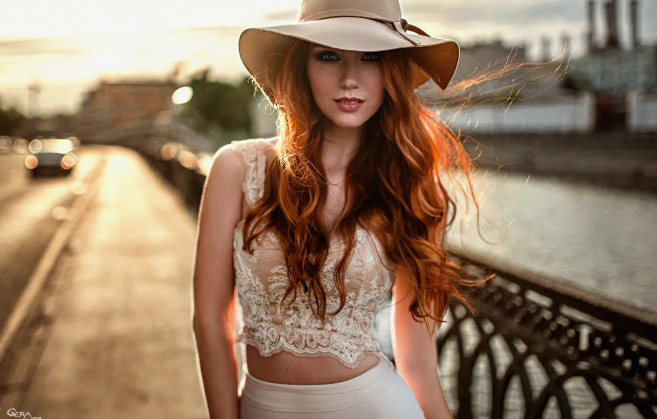 Photo wallpaper road, machine, look, girl, the sun, light, bridge, the city