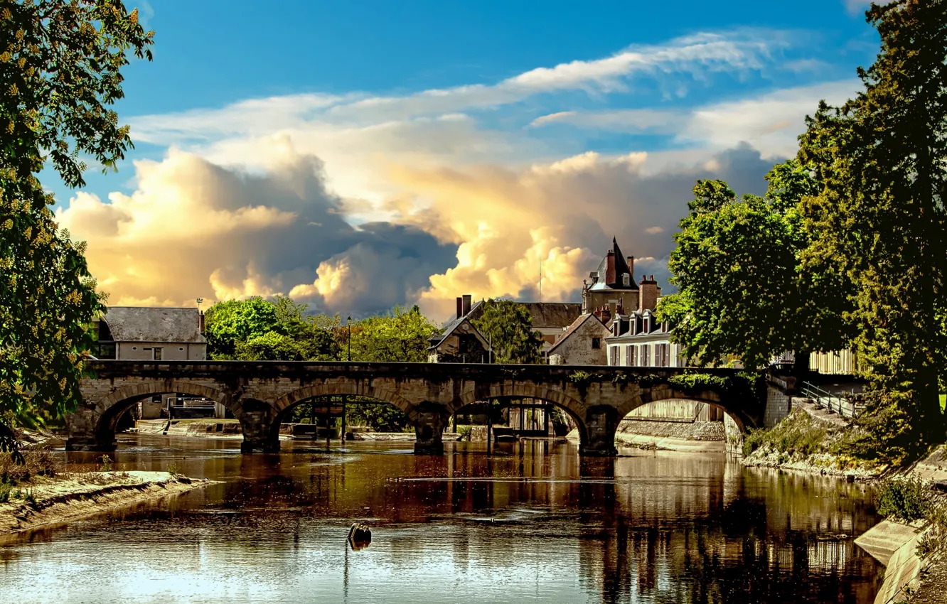 Photo wallpaper the sky, clouds, trees, bridge, the city, river, France, building