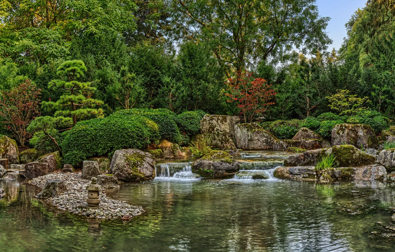 Photo wallpaper greens, trees, pond, Park, stones, Germany, the bushes, Japanese Garden
