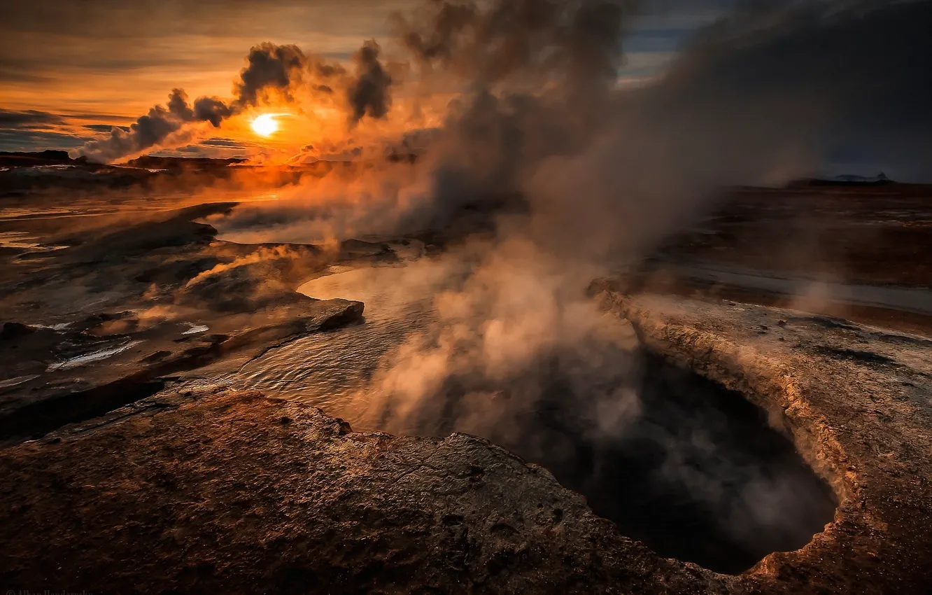 Photo wallpaper dawn, smoke, Iceland, healing water
