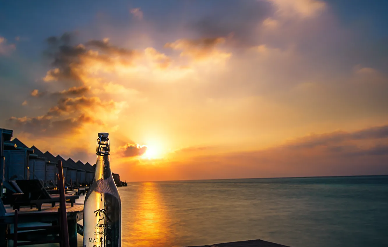 Photo wallpaper water, the sun, clouds, bottle, The Maldives, Maldives, Kuredu Island