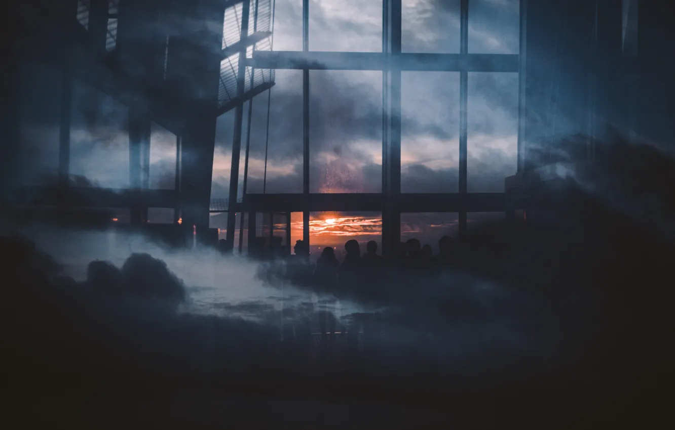Photo wallpaper clouds, reflection, sunset, people, Windows, silhouettes