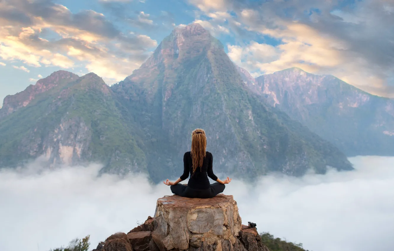Photo wallpaper girl, clouds, mountains, relax, meditation, yoga, top, girl