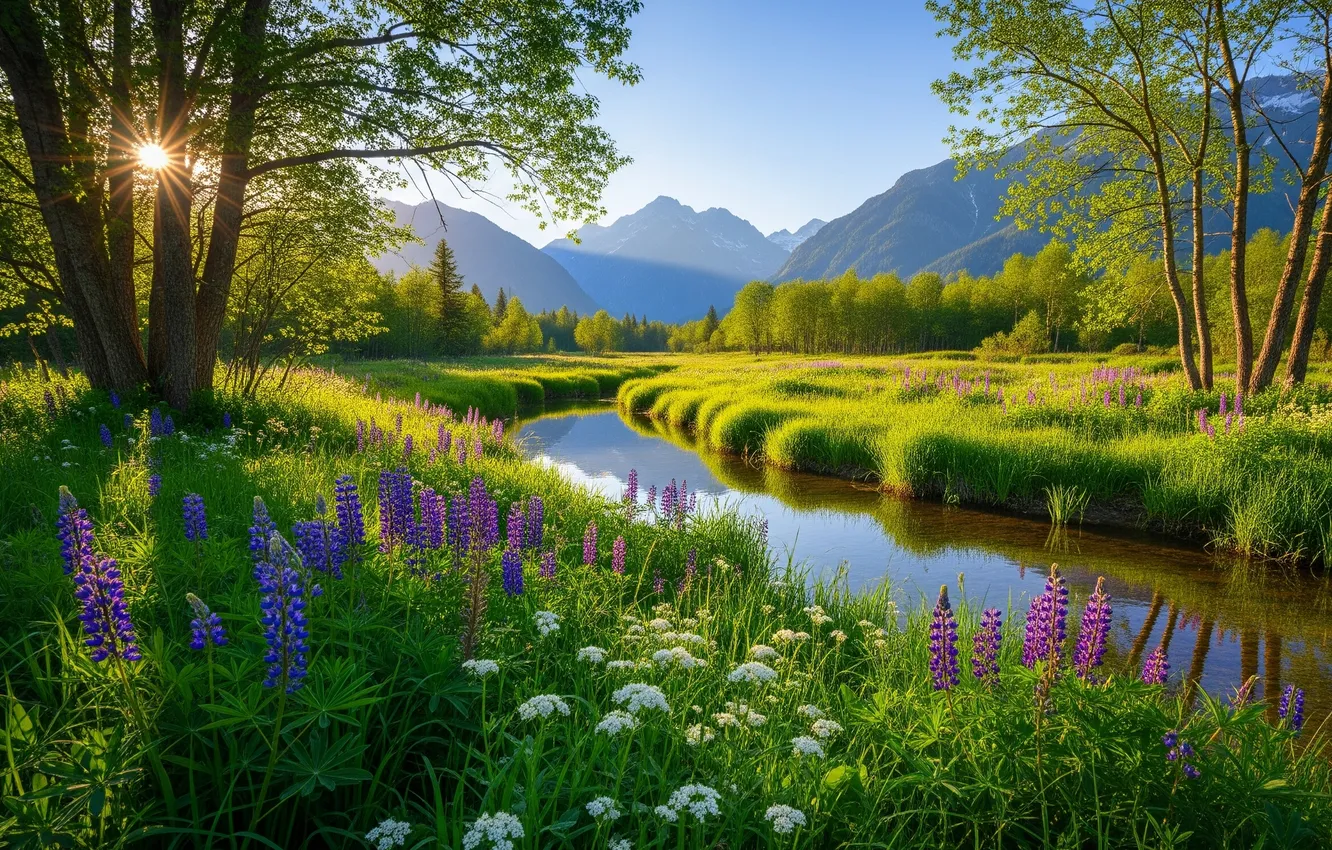 Photo wallpaper the sky, the sun, clouds, flowers, mountains, river, Wallpaper, wallpaper