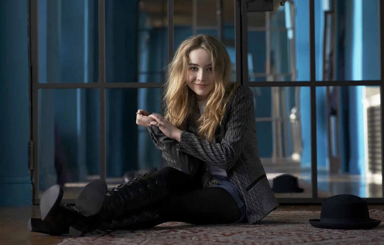 Photo wallpaper girl, boots, mirror, jacket, sitting, Sabrina Carpenter, Sabrina Carpenter