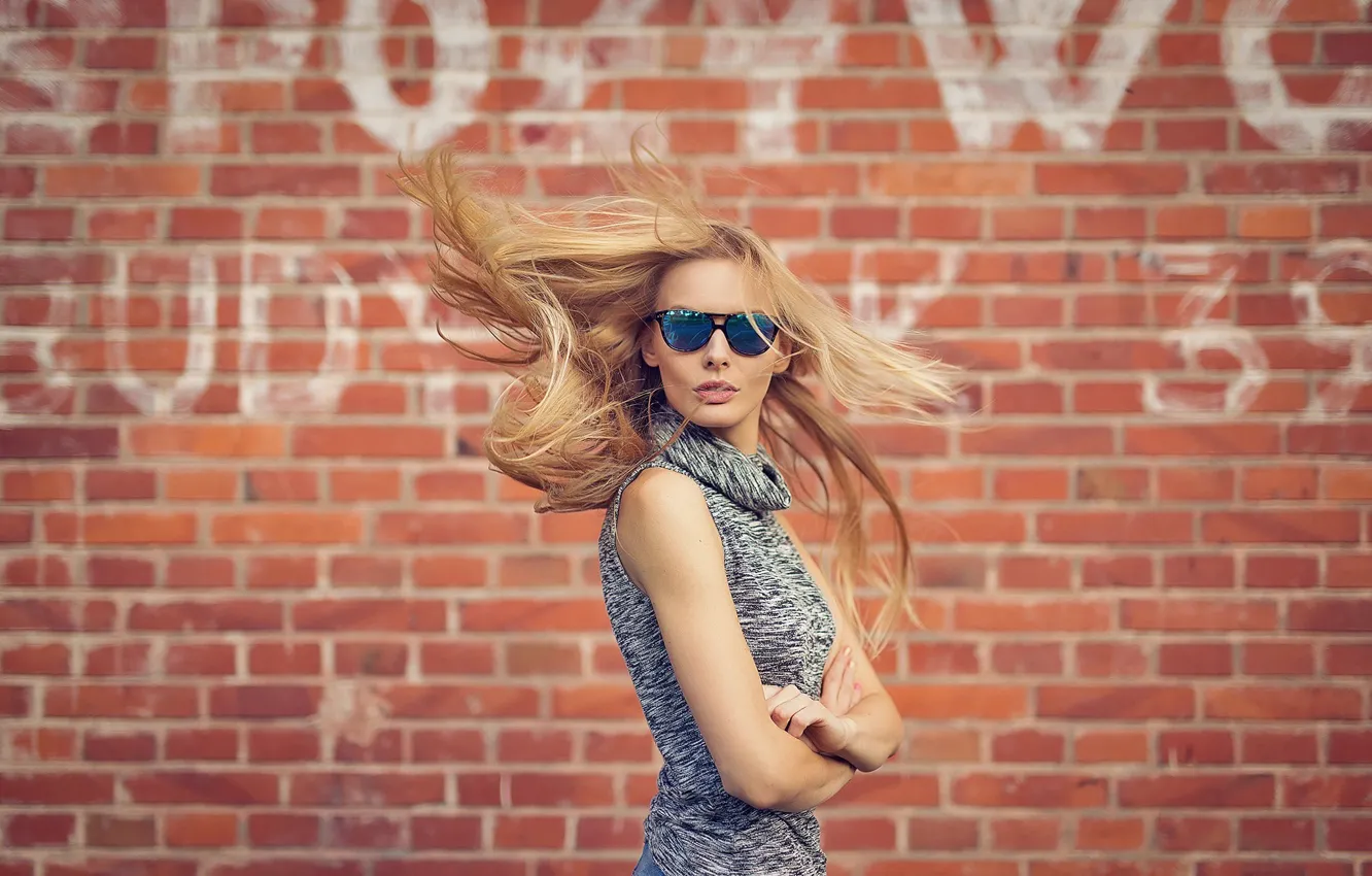 Photo wallpaper look, pose, background, wall, model, hair, portrait, brick