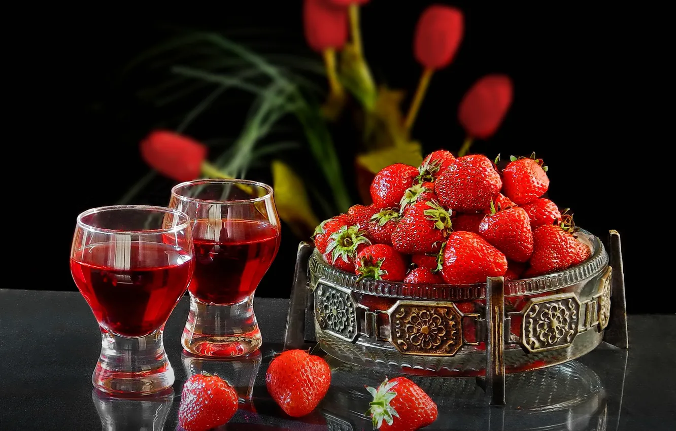 Photo wallpaper flowers, berries, glasses, strawberry, tulips, drink, vase, Sergey Pounder