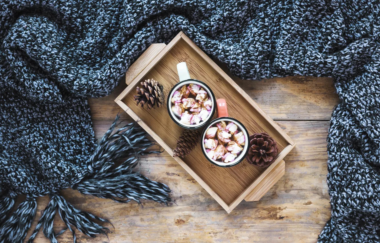 Photo wallpaper scarf, mugs, tray, drinks, hot chocolate, Breakfast