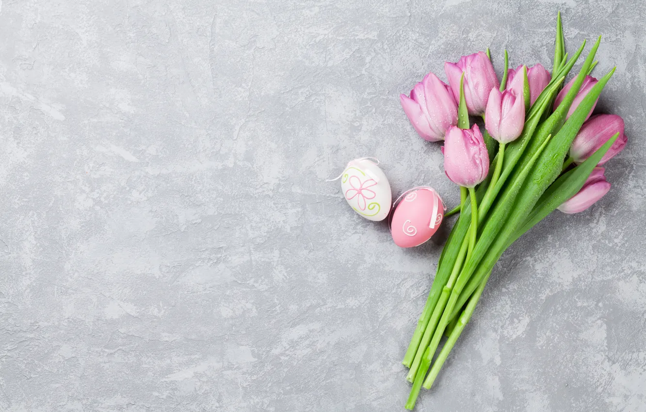 Photo wallpaper flowers, eggs, spring, Easter, tulips, pink, flowers, tulips
