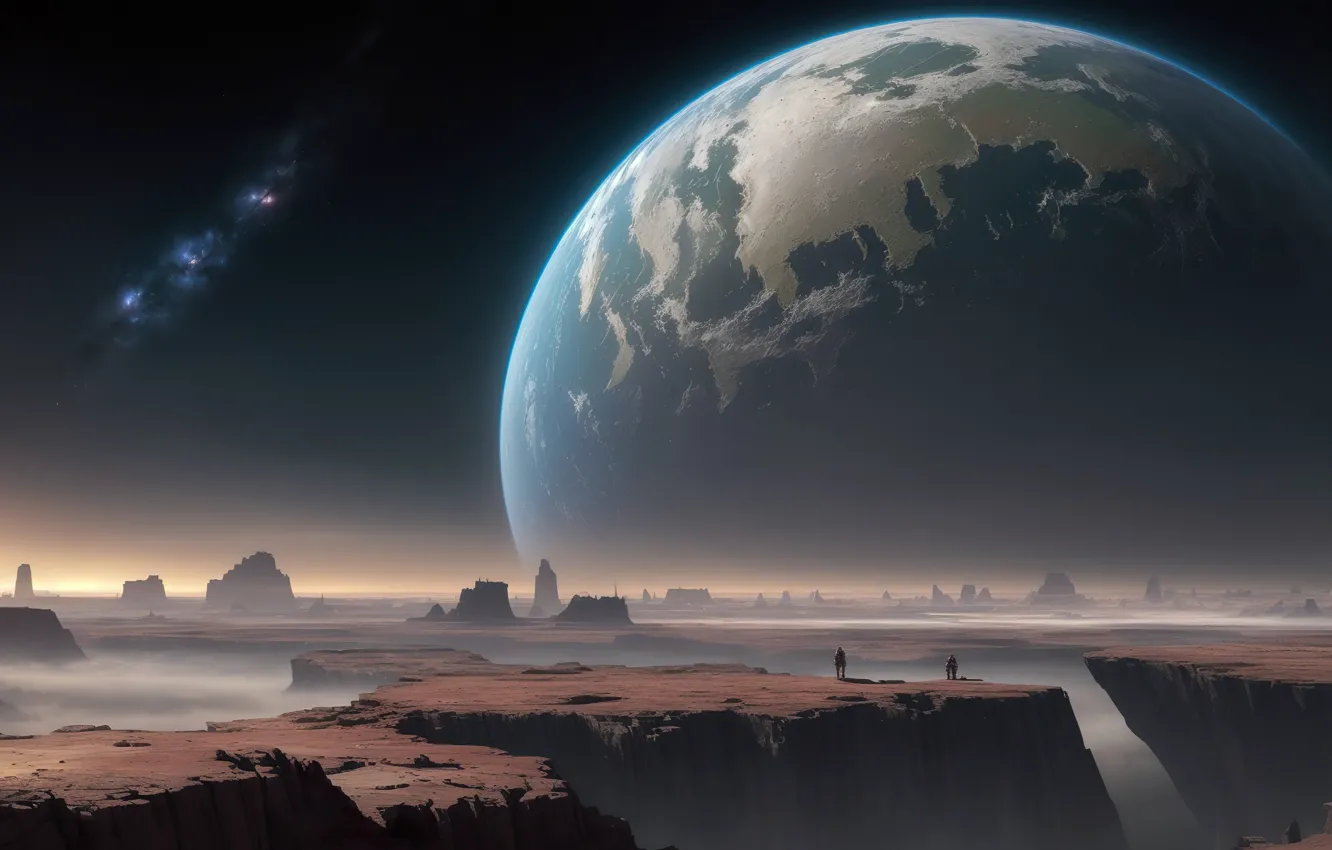 Photo wallpaper twilight, landscape, art, fantastic, night sky, planet, canyon, digital art