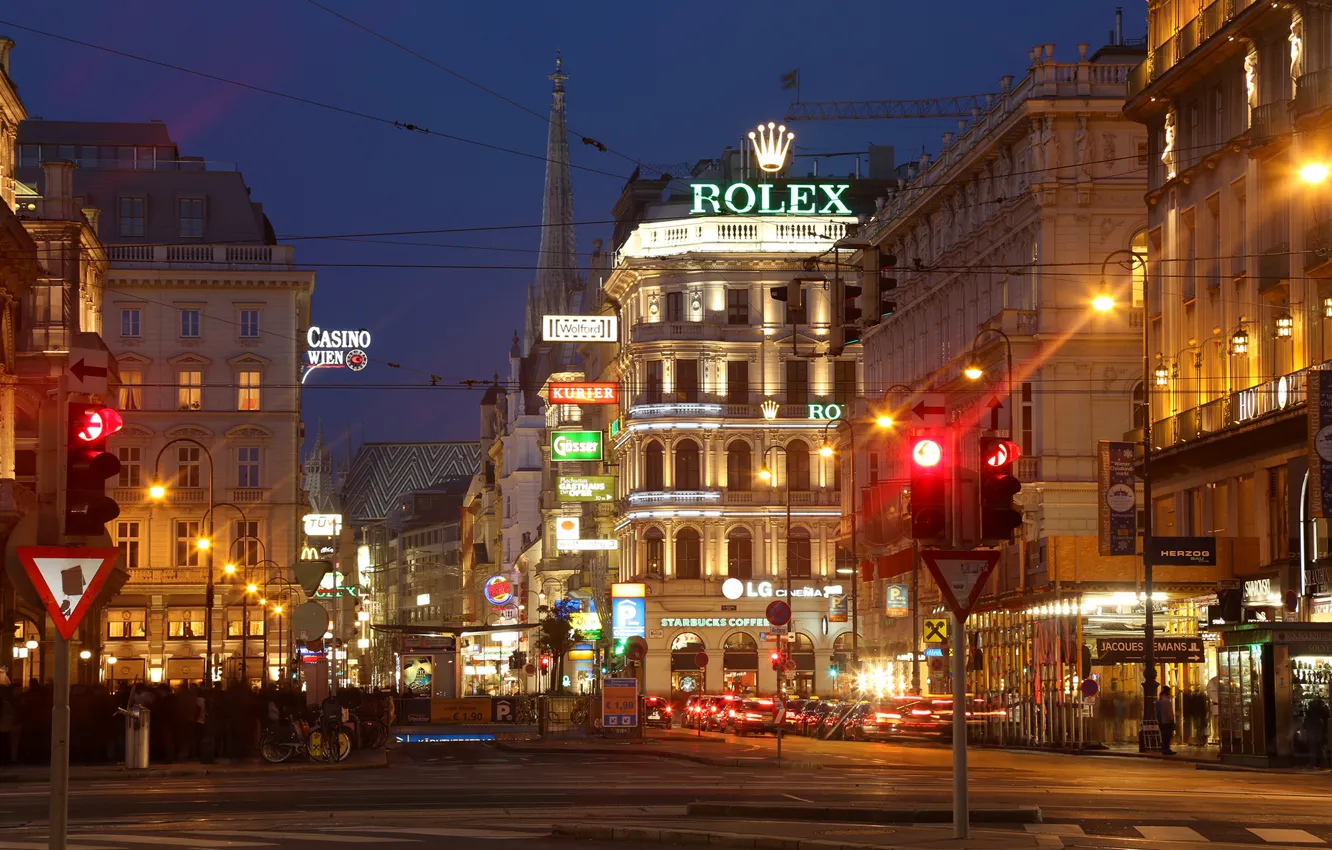 Photo wallpaper road, night, the city, lights, street, building, Austria, traffic light