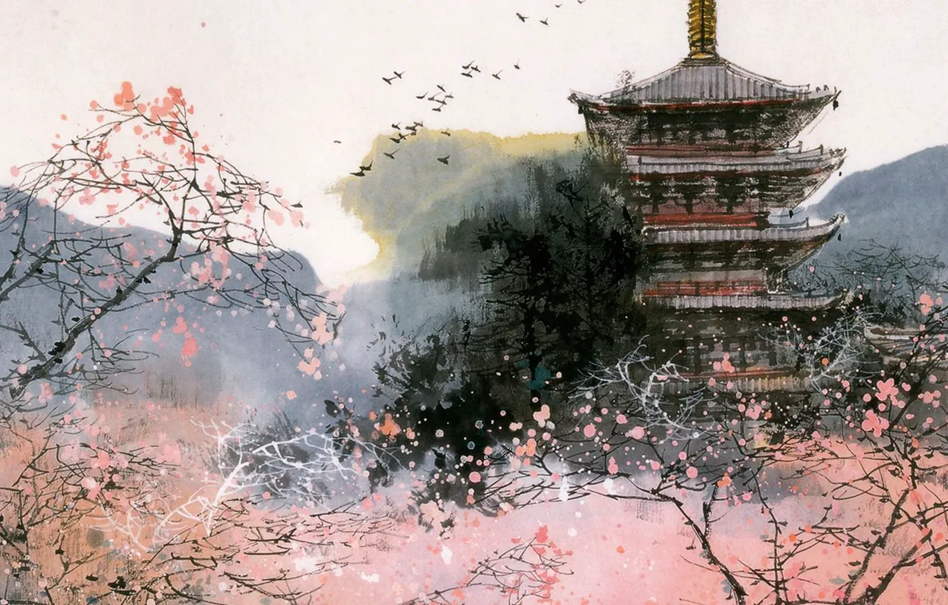 Photo wallpaper characters, pagoda, painting