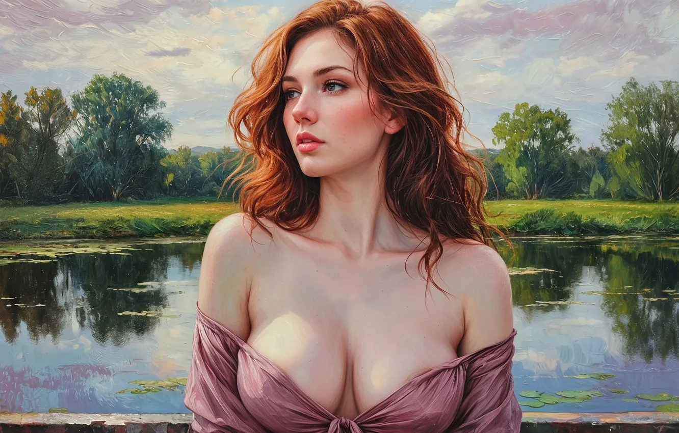 Photo wallpaper trees, lake, neckline, bust, digital art, digital art, red-haired beauty, artificial intelligence