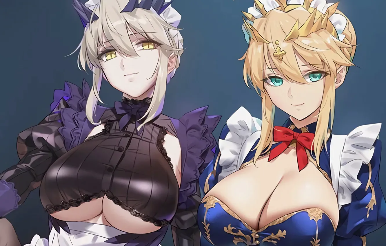 Photo wallpaper girl, sexy, cleavage, green eyes, dress, boobs, anime, beautiful