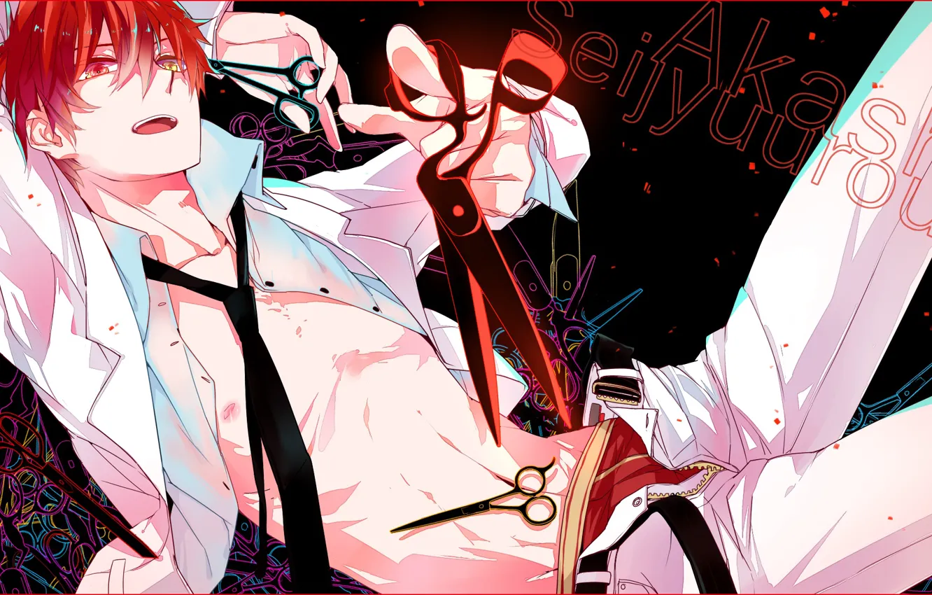 Photo wallpaper tie, guy, art, scissors, red hair, Kuroko's basketball, white shirt, Seijuro Akashi