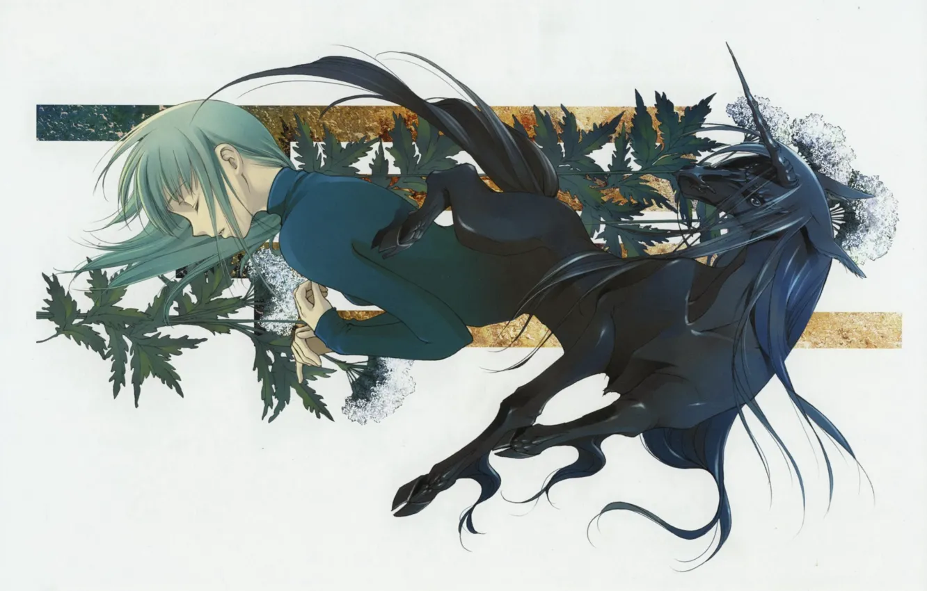 Photo wallpaper black, plant, mane, unicorn, guy, art, closed eyes, unicorn