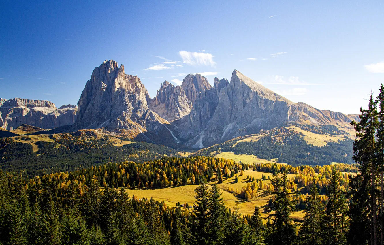 Photo wallpaper The sky, Mountains, Grass, Autumn, Trees, Italy, Hills, Beauty