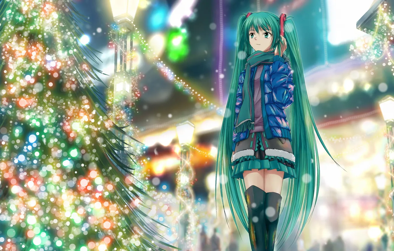 Photo wallpaper cold, girl, snow, lights, holiday, people, tree, new year