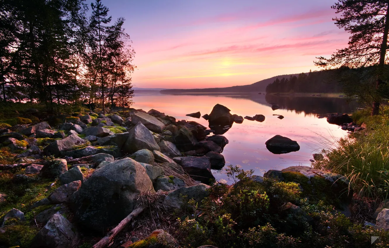 Photo wallpaper forest, sunset, lake, stones, calm, by Robin de Blanche, Asleep