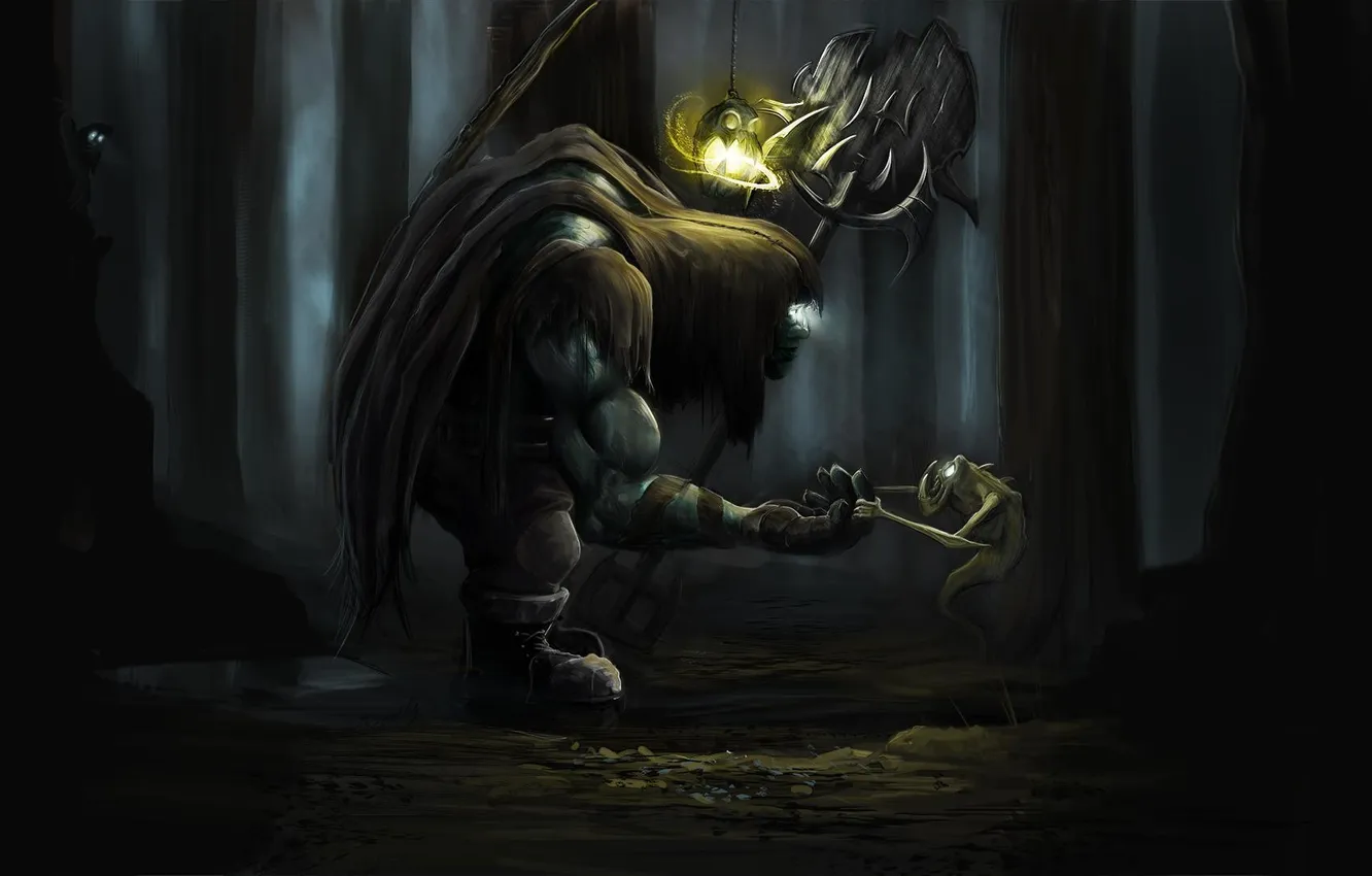 Photo wallpaper forest, trees, night, monster, flashlight