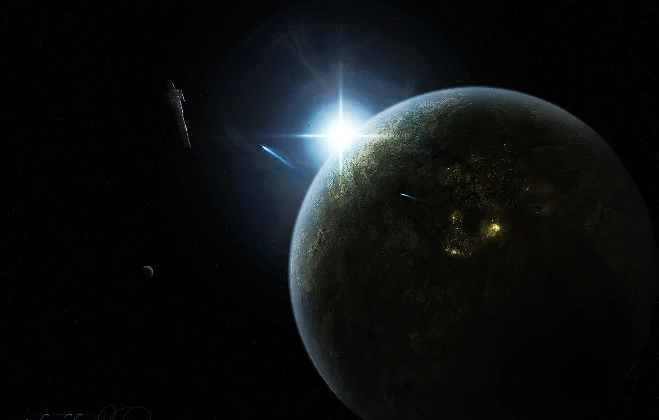 Photo wallpaper lights, sunrise, planet, starship