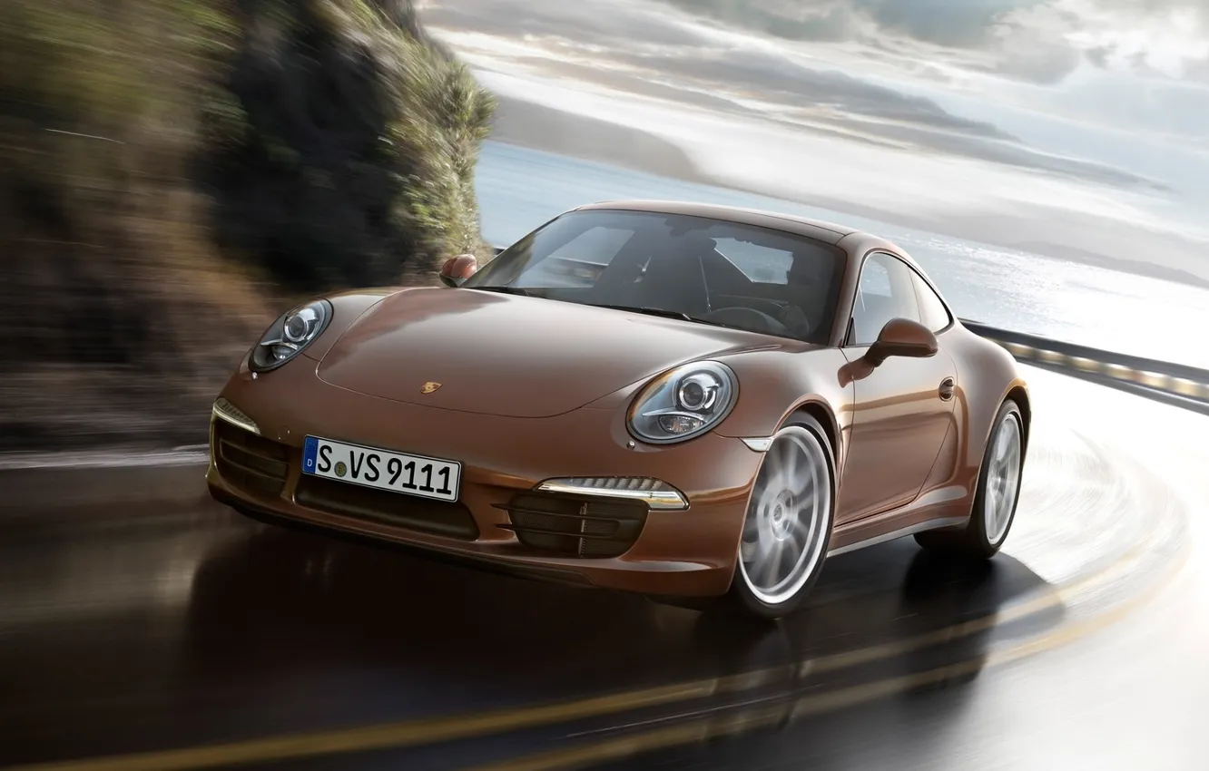 Photo wallpaper road, the sky, coupe, 911, Porsche, Carrera 4, Porsche, brown