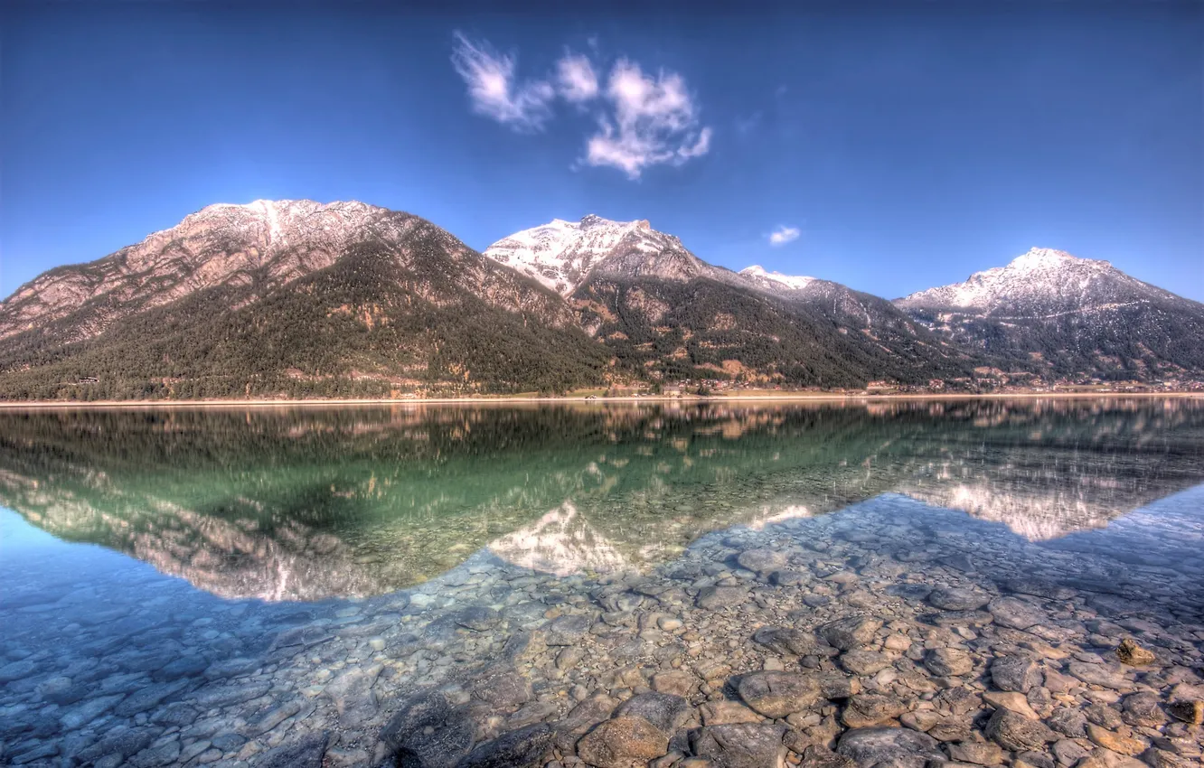 Photo wallpaper landscape, mountains, nature, lake, reflection, stones, HDR
