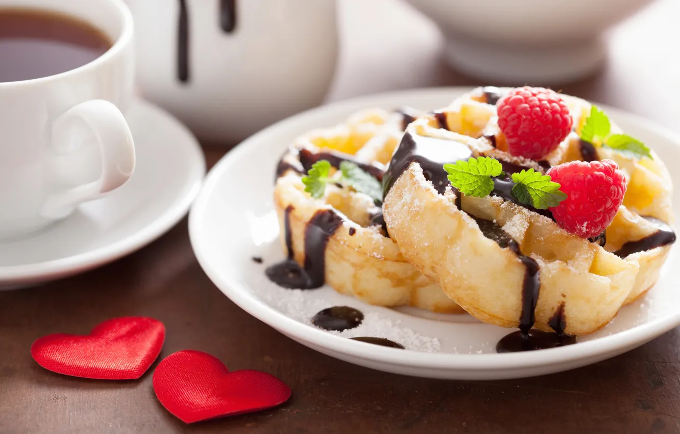 Photo wallpaper raspberry, chocolate, mint, waffles