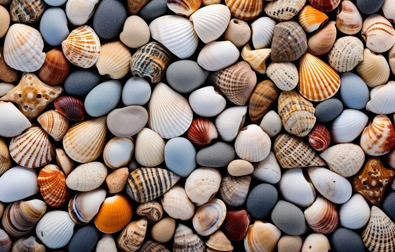 Photo wallpaper sand, beach, stones, background, shell, beach, texture, background