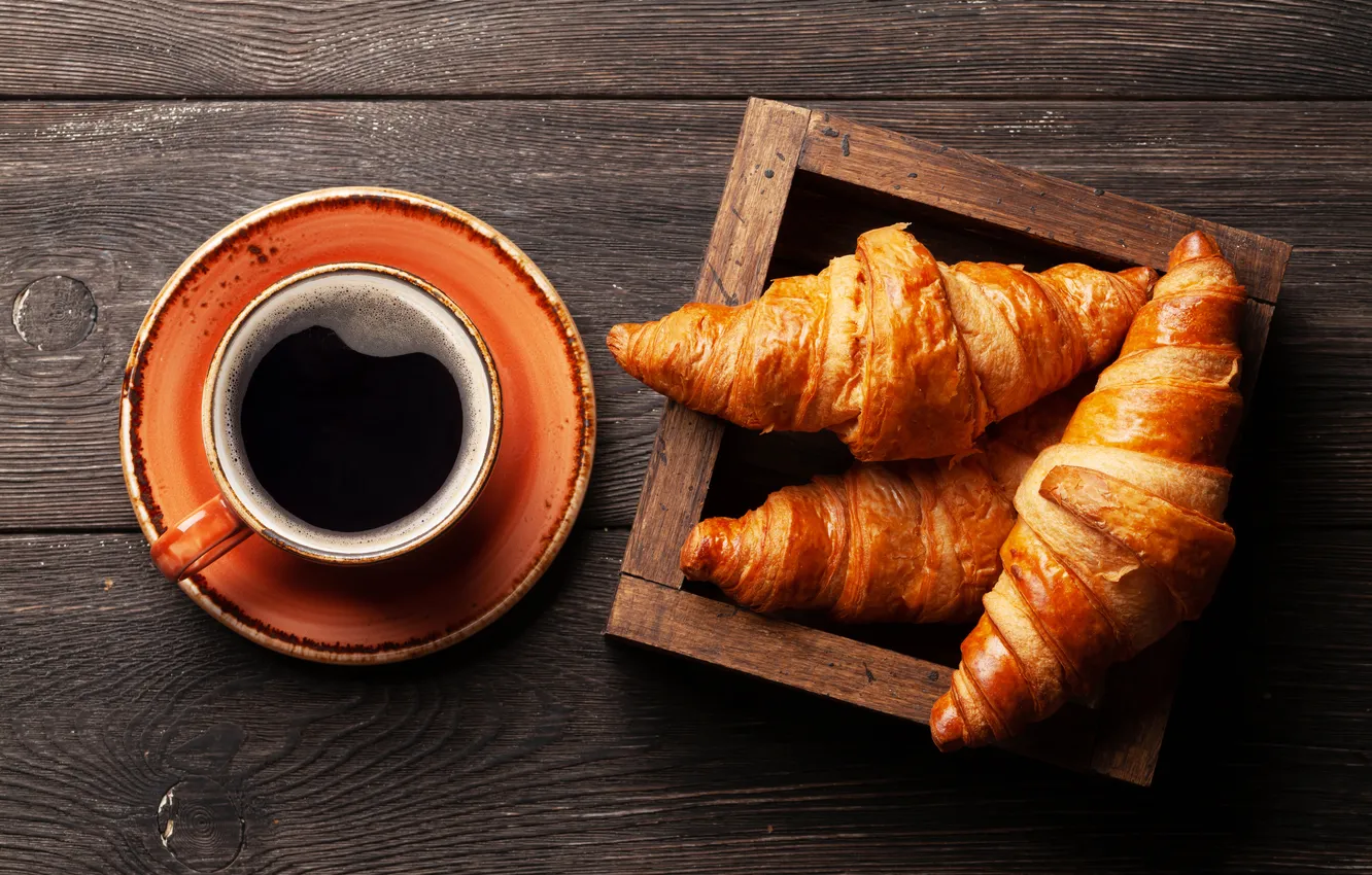Photo wallpaper coffee, Breakfast, Cup, cakes, coffee cup, growing, croissant, breackfast
