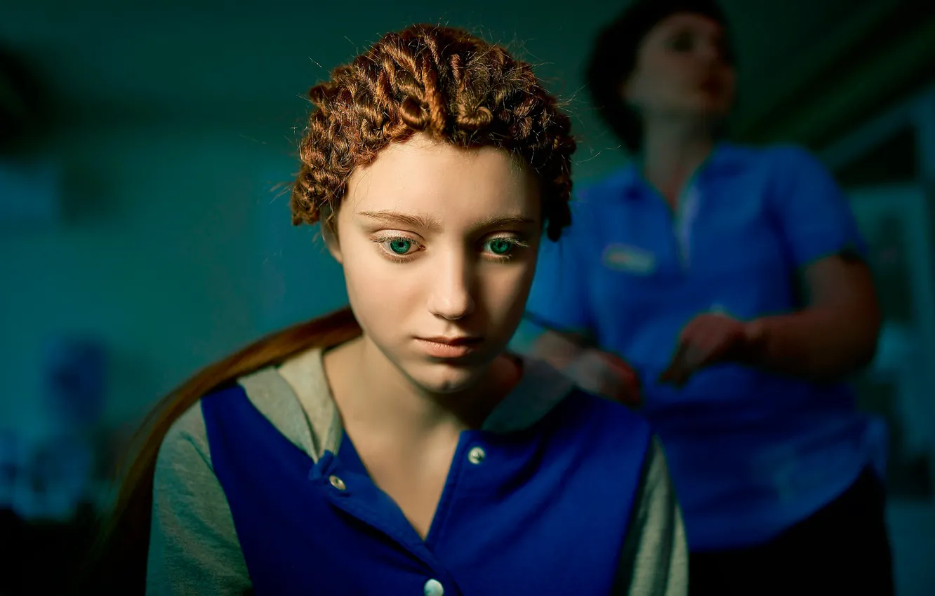 Photo wallpaper look, girl, doll, braids, turquoise, facial expression, detachment