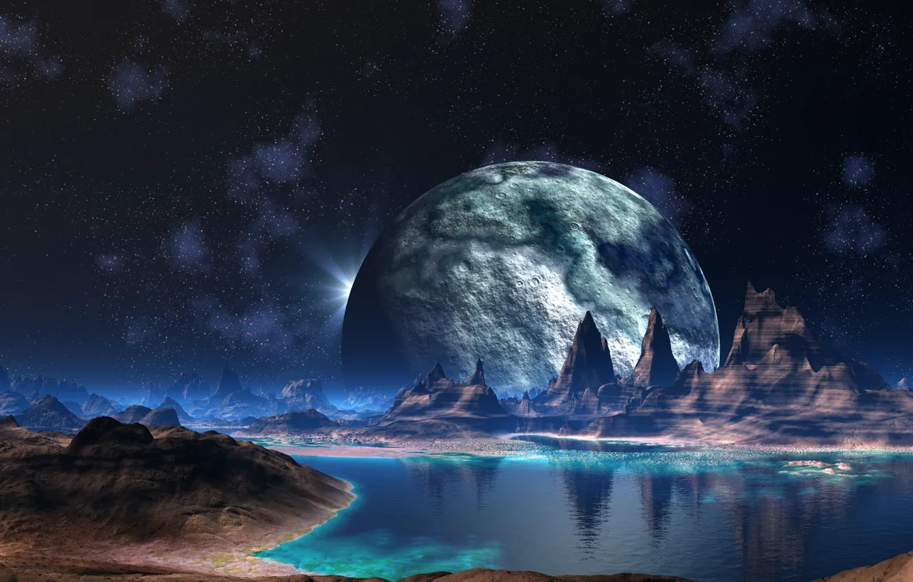 Photo wallpaper water, stars, mountains, fiction, planet, river, alien world