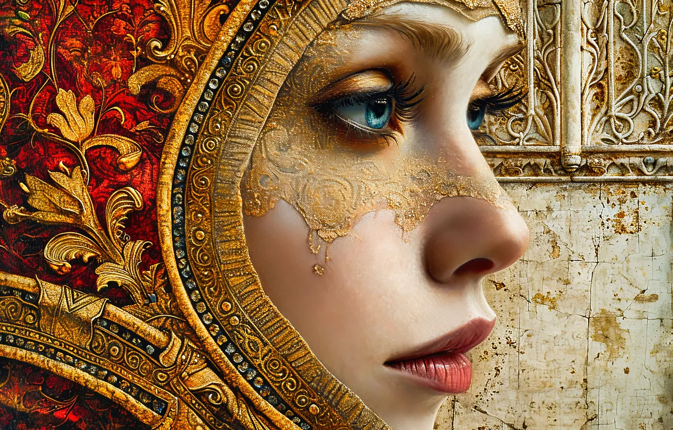 Photo wallpaper look, girl, face, cracked, eyelashes, style, wall, gold