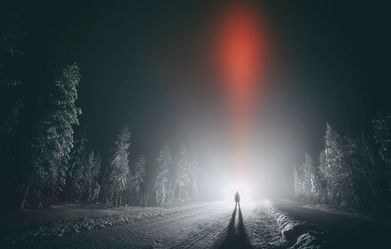 Photo wallpaper winter, road, forest, the sky, night, people, Finland, Finland