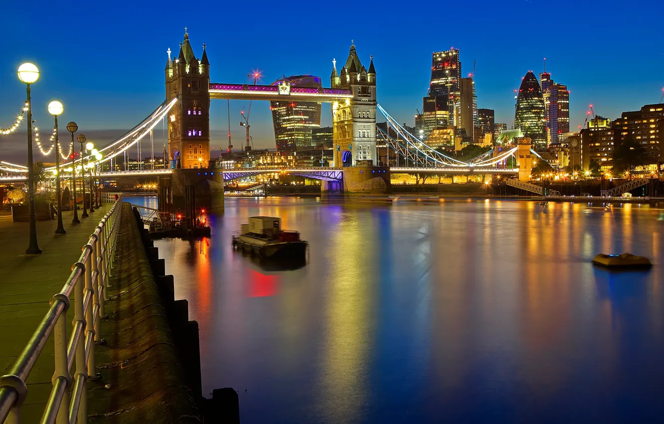 Photo wallpaper night, lights, river, England, London, Thames, Tower bridge