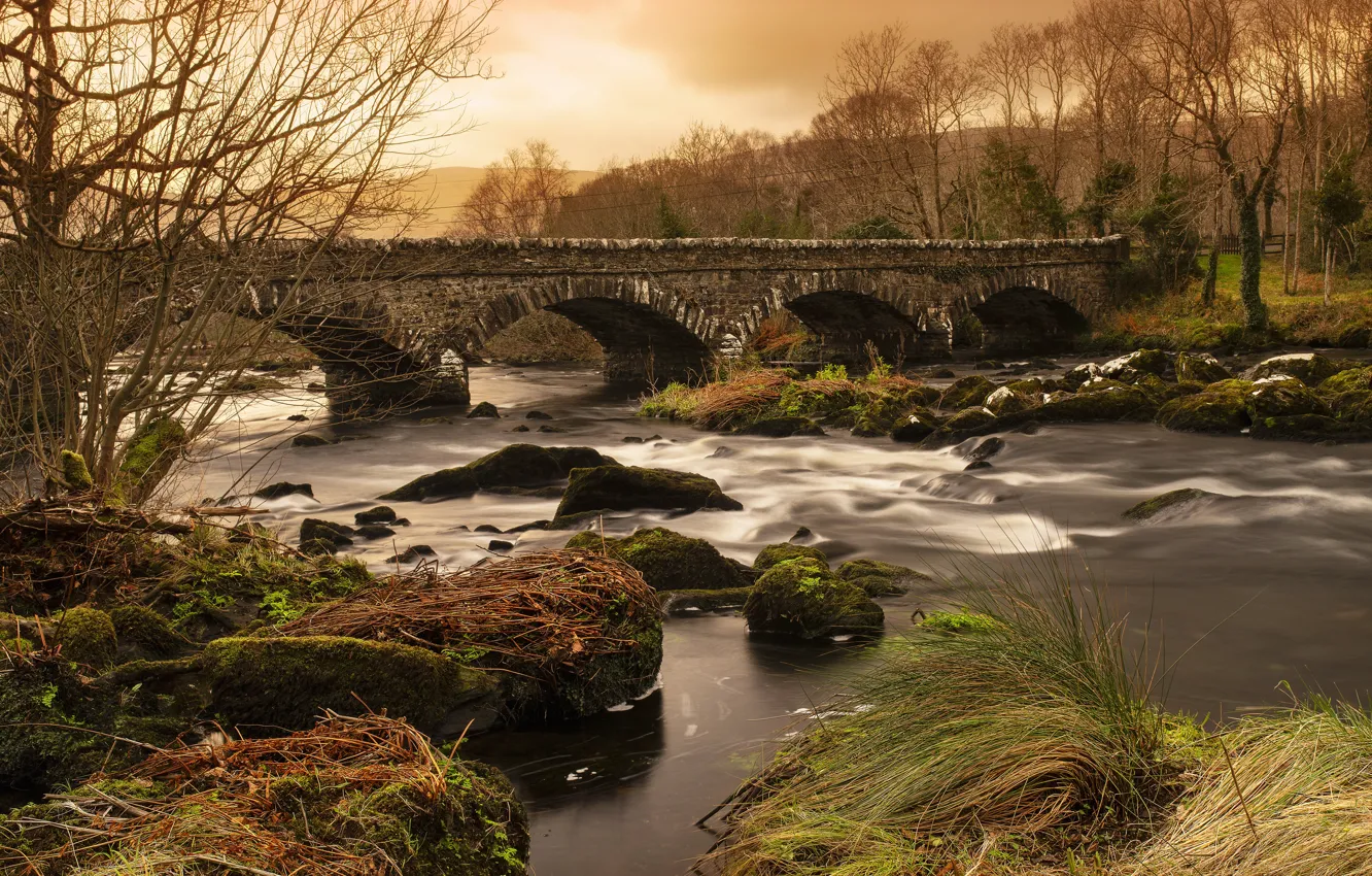 Photo wallpaper bridge, river, stones, shore, arch, old, stone, arched