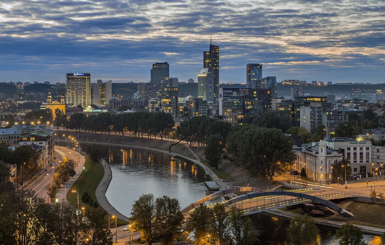 Photo wallpaper bridge, river, building, night city, Lithuania, Vilnius, the Neris river, The bridge of king Mindaugas