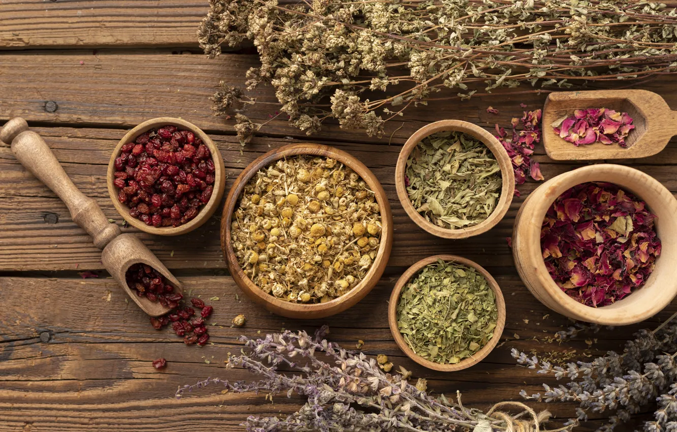 Photo wallpaper leaves, welding, dry flowers, Herbal Tea, raw material