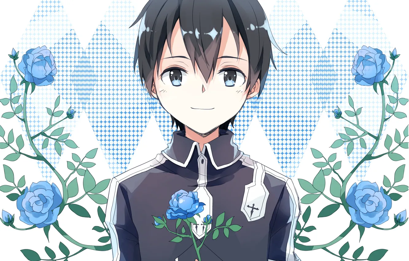 Photo wallpaper flowers, roses, guy, blue roses, Sword Art Online, Kirito, Sword Art Online