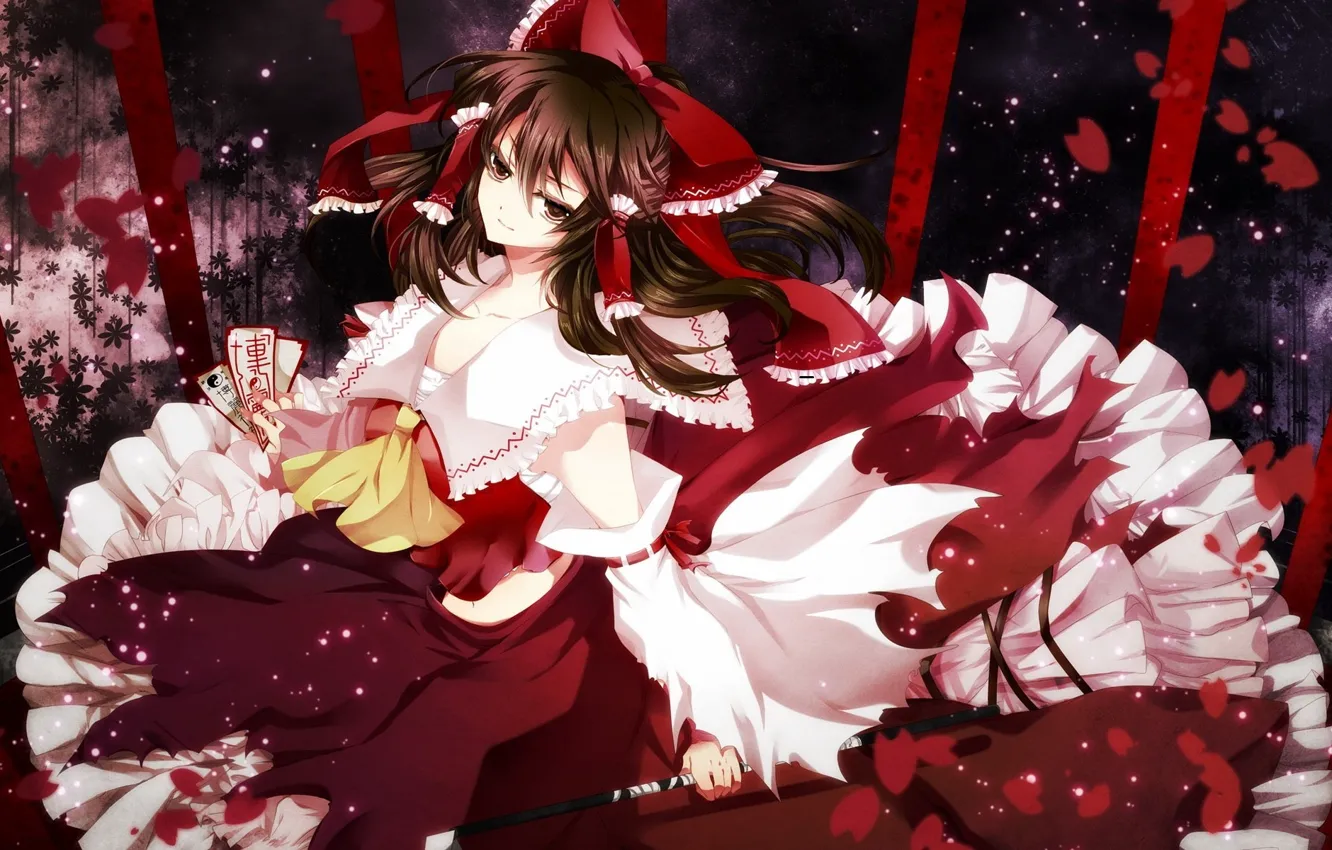 Photo wallpaper petals, bow, ruffles, Hakurei Reimu, Touhou Project, the fluffy skirt, Project East, Talisman