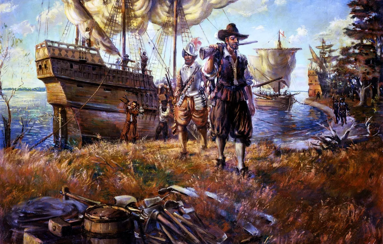 Photo wallpaper shore, oil, ships, picture, canvas, the British, the colonists, .first